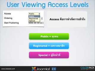 User Viewing Access Levels
Access คือการจำกัดการเข้าถึง

Public = ทุกคน
Registered = เฉพาะสมาชิก
Special = ผู้มีหน้าที่

www.colorpack.co.th

 