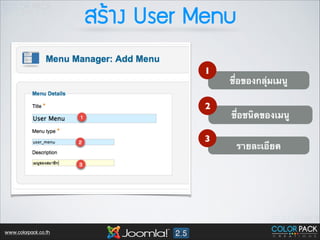ÊสÃรŒŒÒา§ง User Menu
1

2
3

www.colorpack.co.th

ชื่อของกลุ่มเมนู
ชื่อชนิดของเมนู
รายละเอียด

 