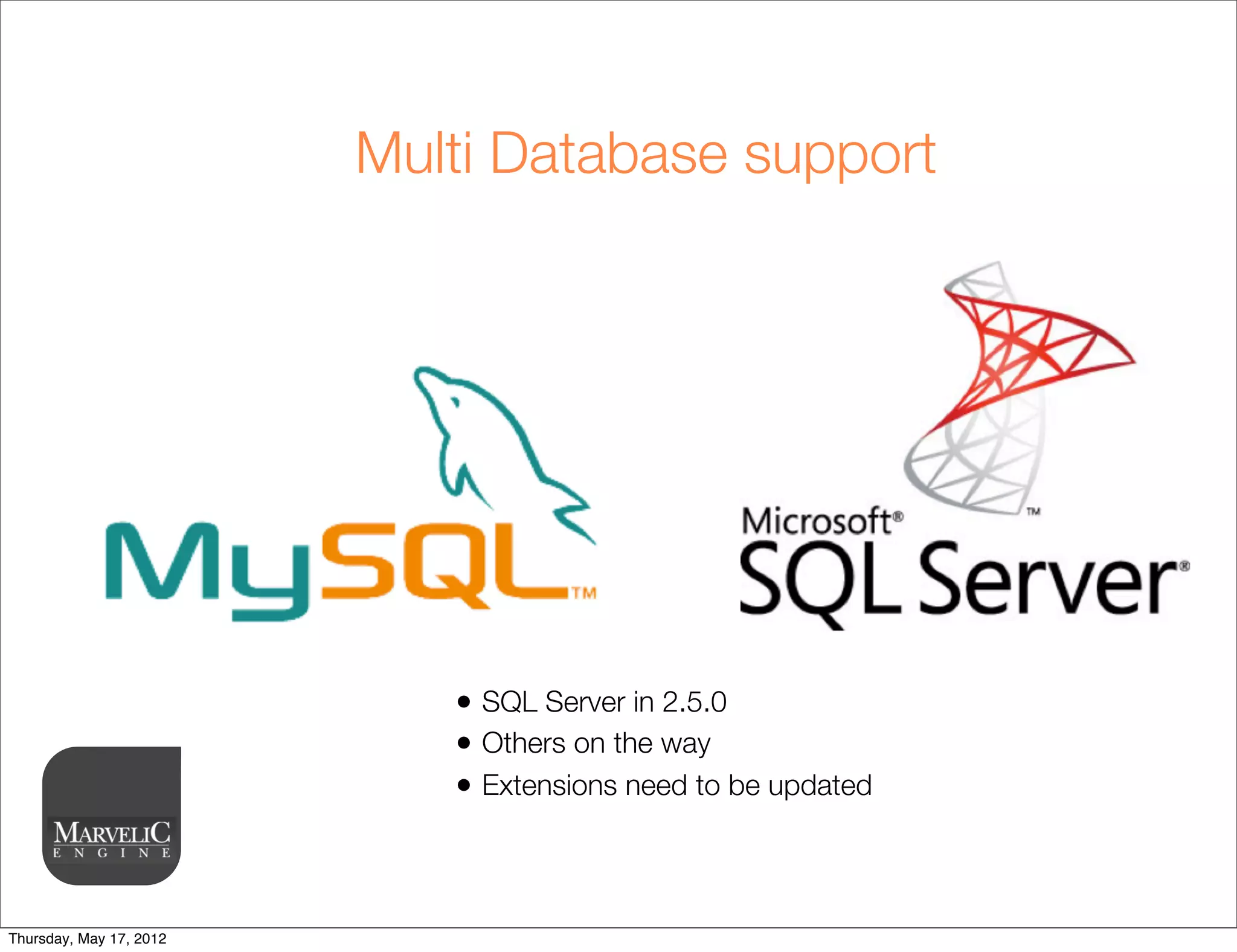 Multi Database support




                            • SQL Server in 2.5.0
                            • Others on the way
                            • Extensions need to be updated



Thursday, May 17, 2012
 