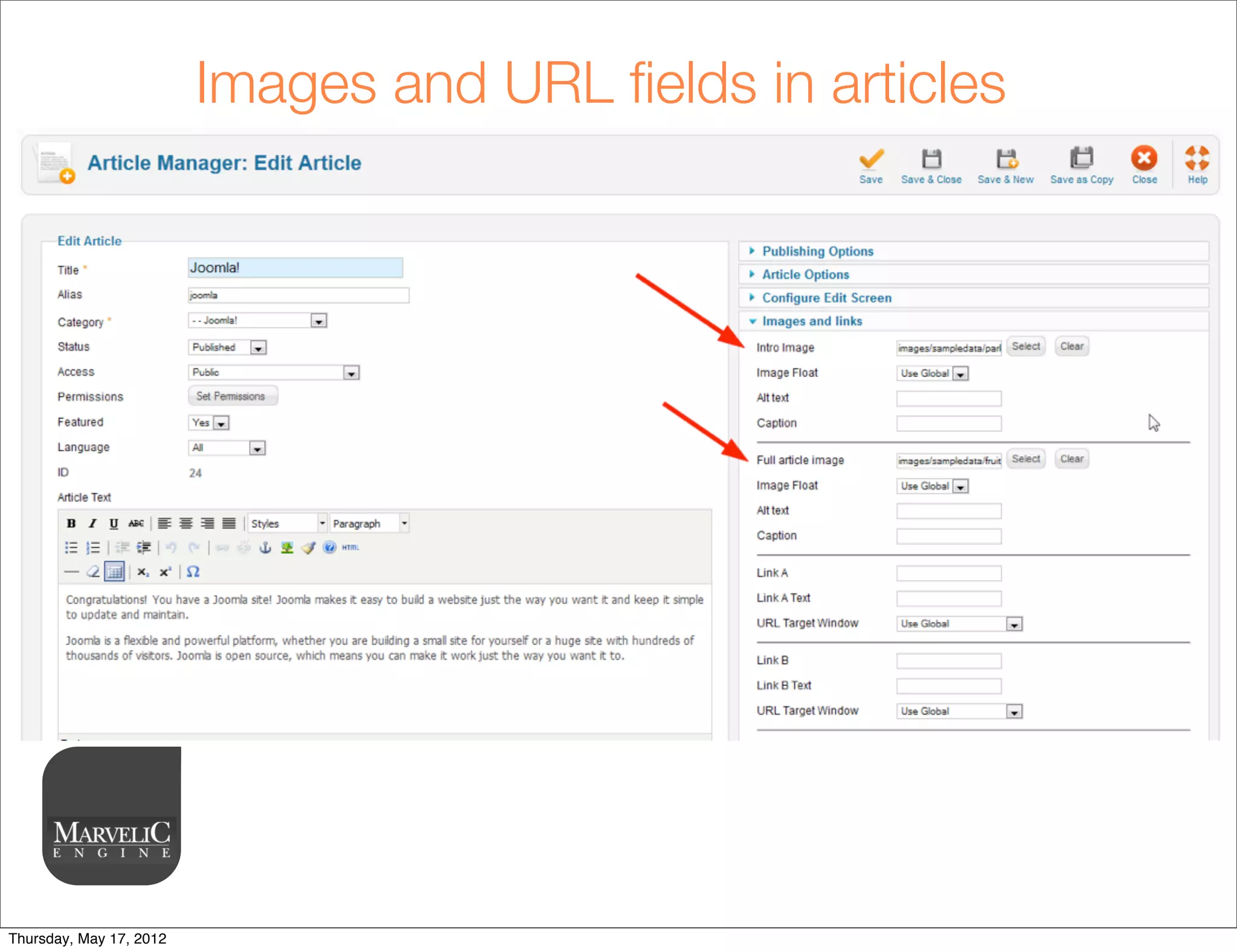 Images and URL ﬁelds in articles




Thursday, May 17, 2012
 