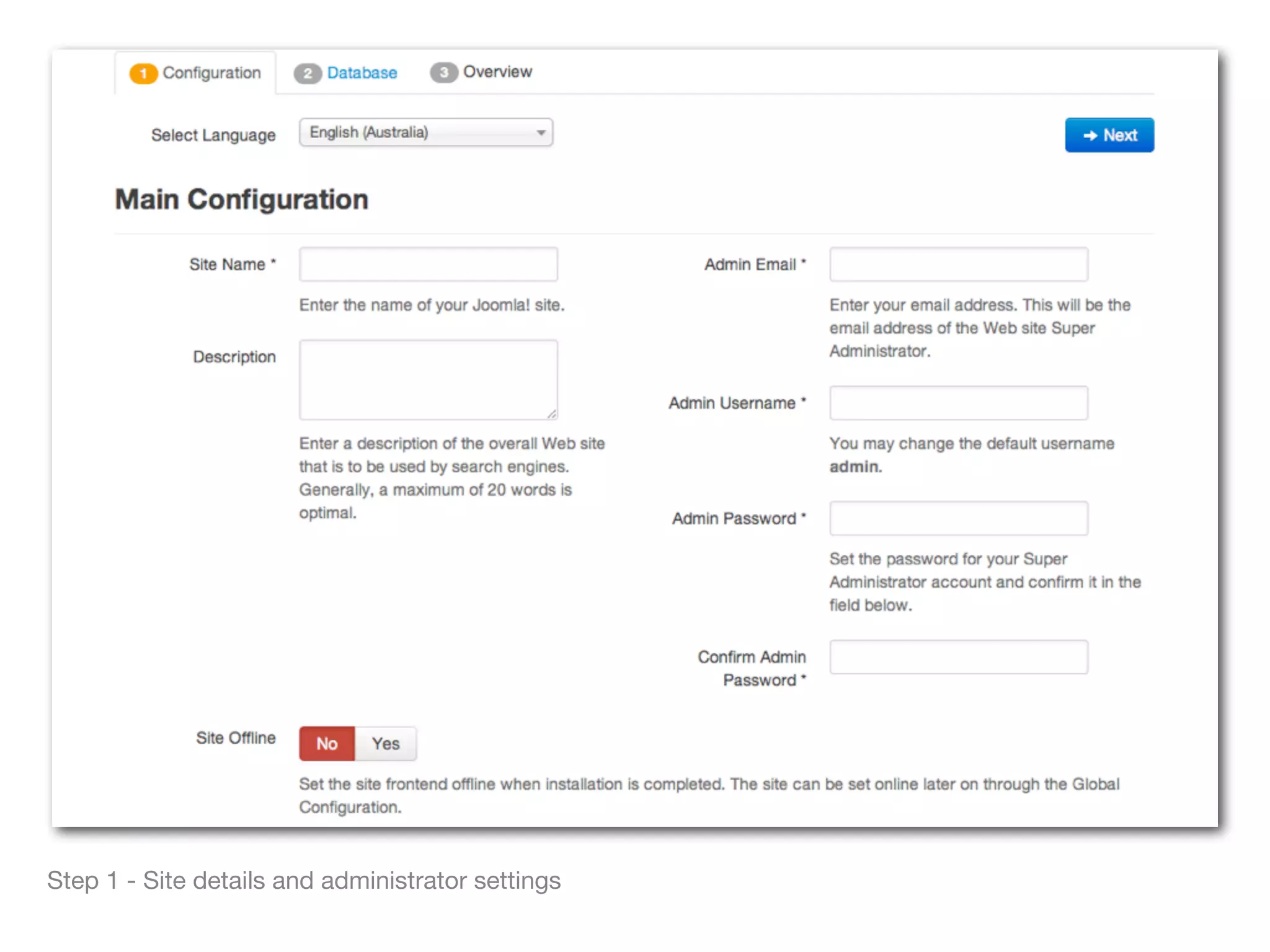 Step 1 - Site details and administrator settings
 