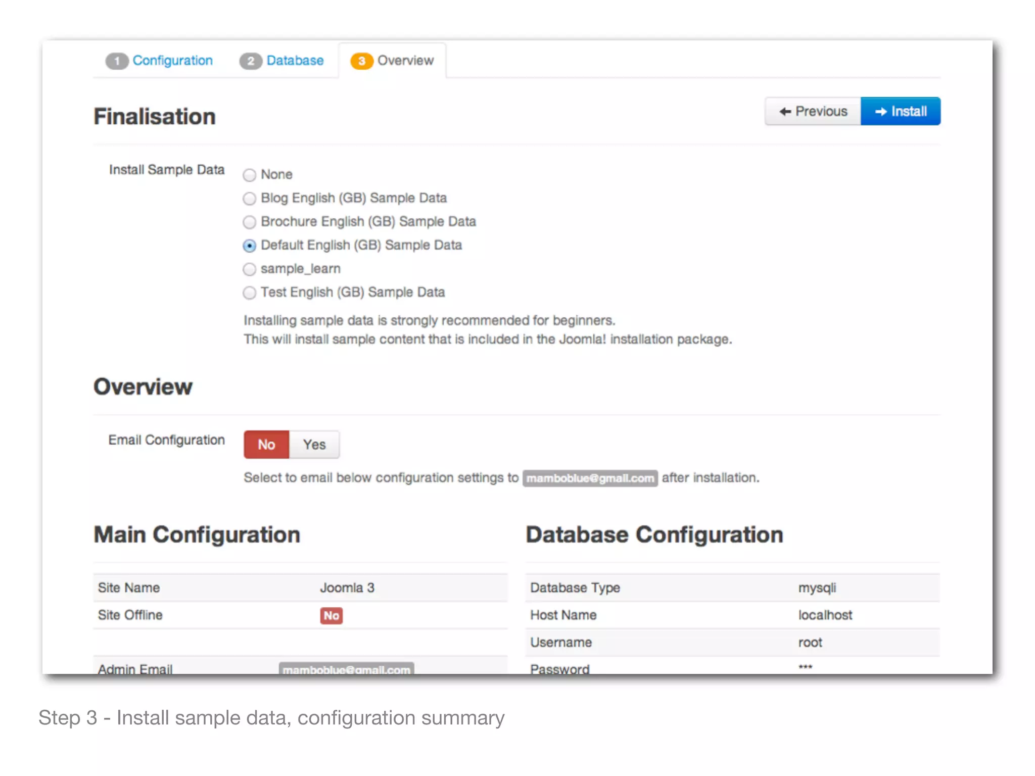 Step 3 - Install sample data, conﬁguration summary
 