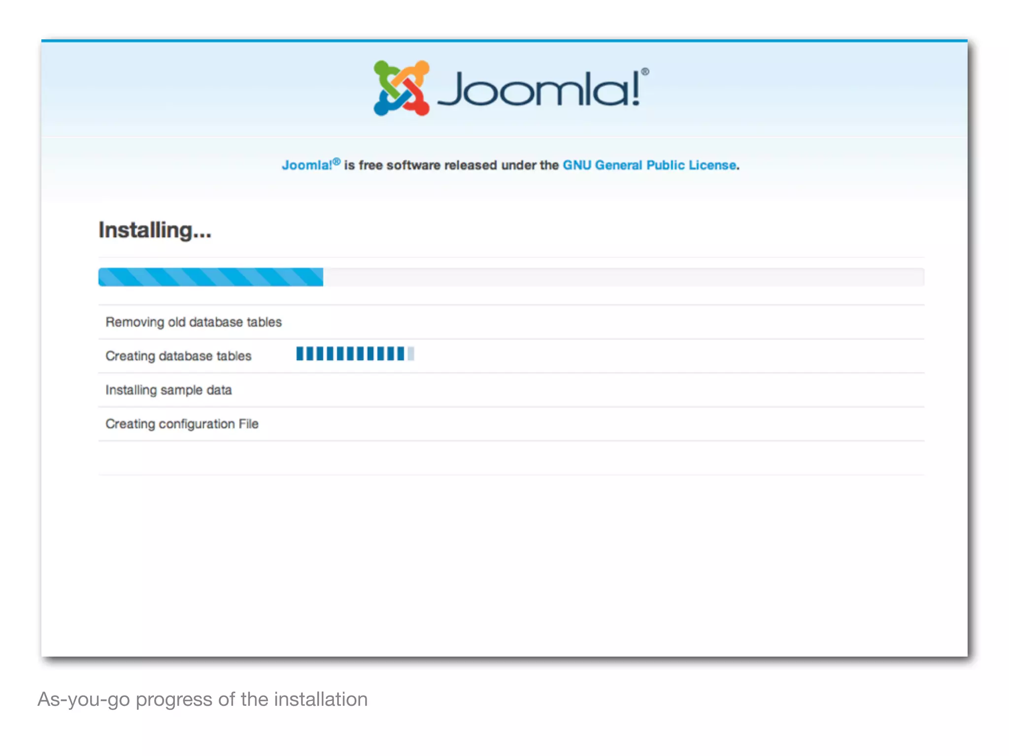 As-you-go progress of the installation
 