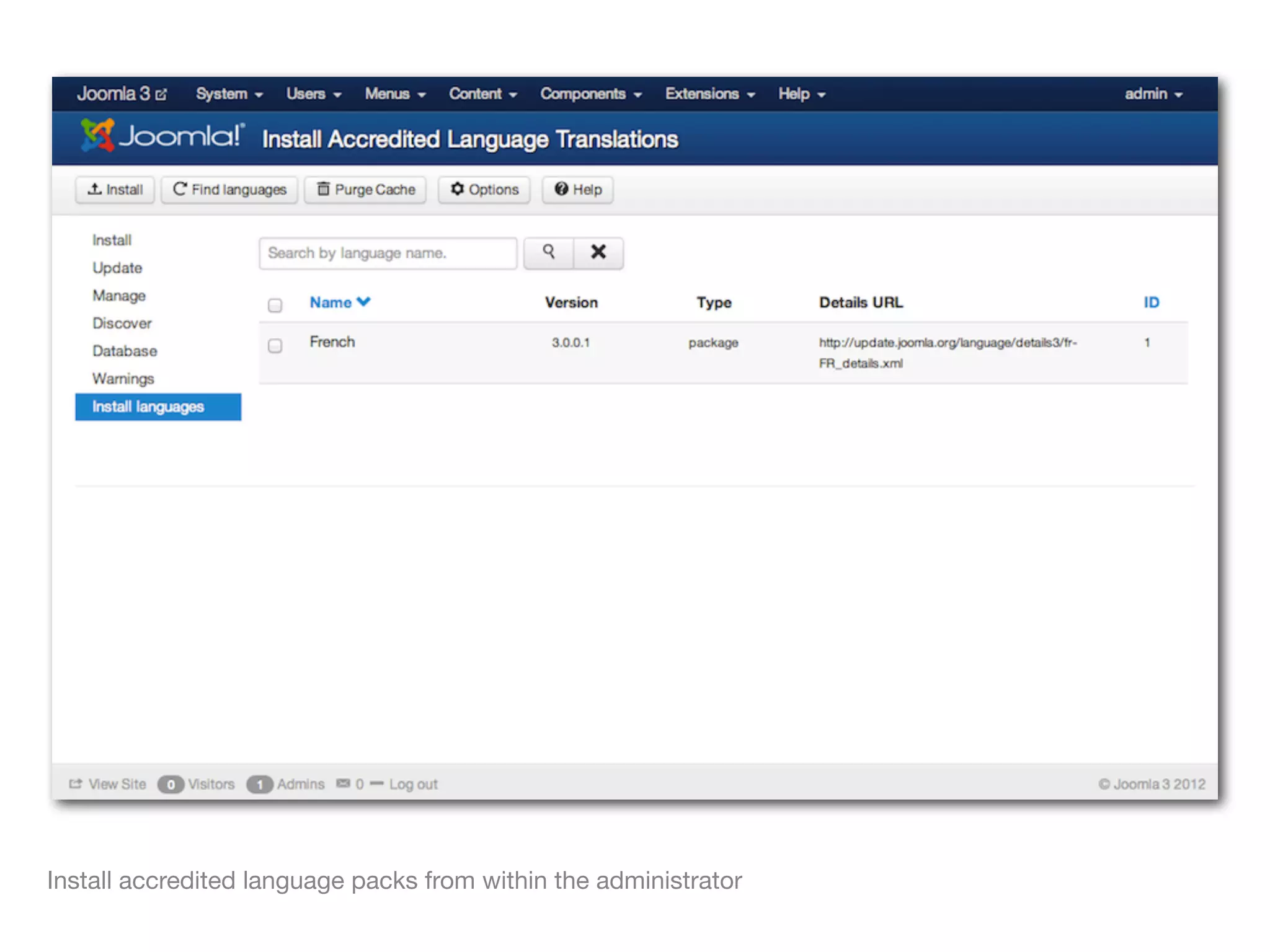Install accredited language packs from within the administrator
 
