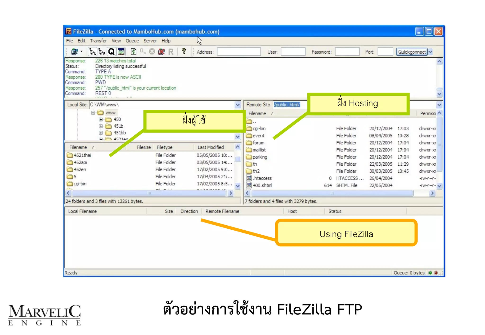 Using FileZilla
ฝั่งผู้ใช้
ฝั่ง Hosting
ตัวอย่างการใช้งาน FileZilla FTP
 