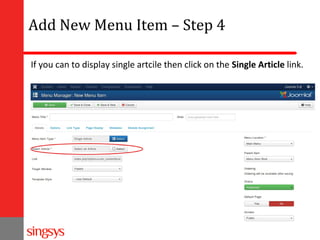 Add New Menu Item – Step 4
If you can to display single artcile then click on the Single Article link.

 