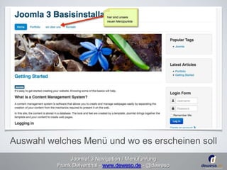 Auswahl welches Menü und wo es erscheinen soll 
Joomla! 3 Navigation / Menüführung 
Frank Delventhal - www.deweso.de - @deweso 
 