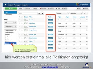 hier werden erst einmal alle Positionen angezeigt 
Joomla! 3 Navigation / Menüführung 
Frank Delventhal - www.deweso.de - @deweso 
 