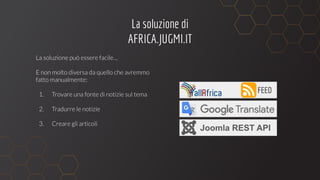 Architettura
AFRICA.JUGMI.IT
Sito
AFRICA.JUGMI.IT
Files RSS
FEED
ARTICLE
Script PHP:
Legge i Feed e
richiama le API
TO
 