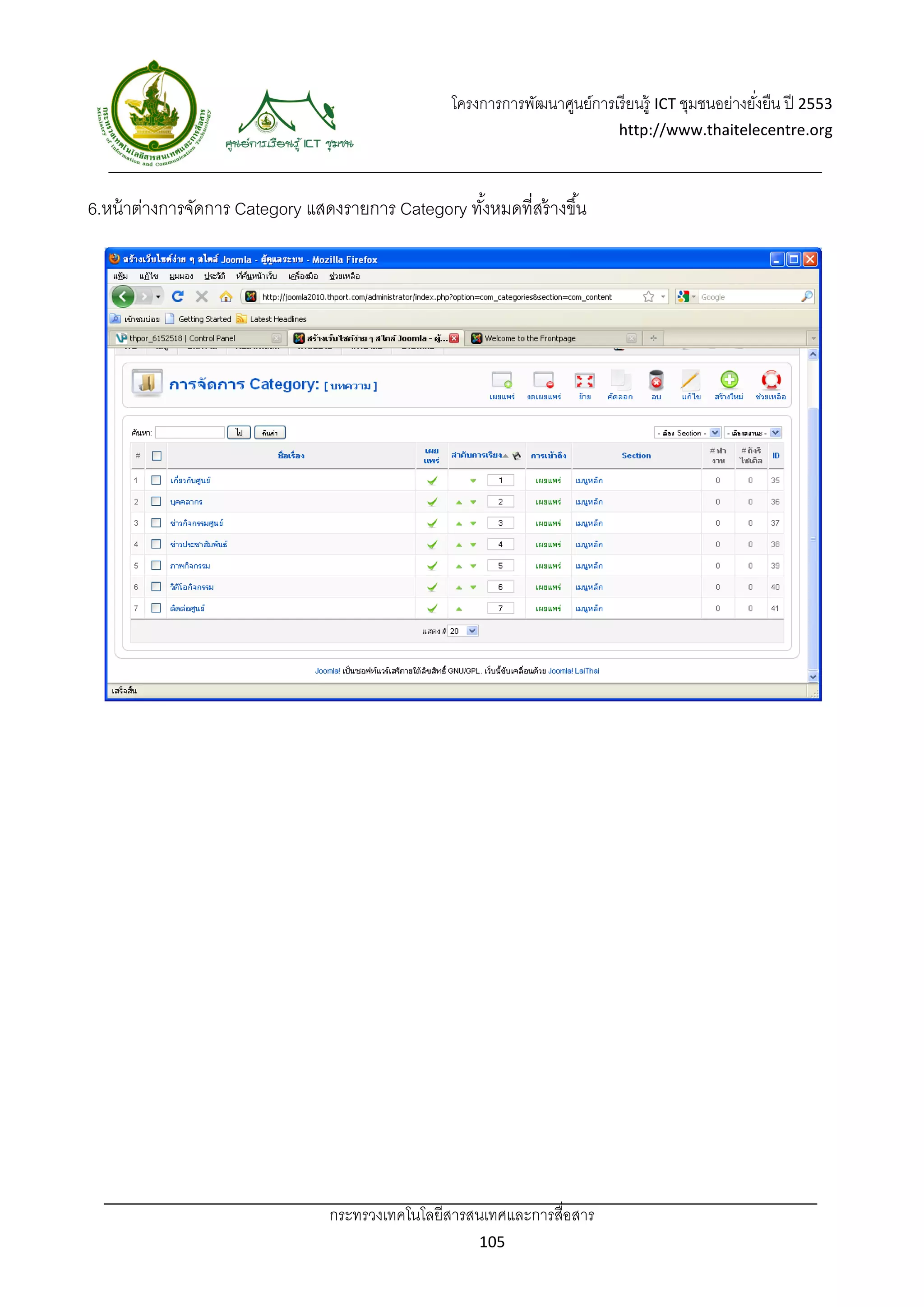 โครงการการพัฒนาศูนย์การเรี ยนรู้ ICT ชุมชนอย่างยังยืน ปี 2553 
                                                                                                      ่
                                                                               http://www.thaitelecentre.org 

                  
 
6.หน้ าต่างการจัดการ Category แสดงรายการ Category ทังหมดที่สร้ างขึ ้น
                                                    ้




                                 กระทรวงเทคโนโลยีสารสนเทศและการสื่อสาร 
                                                         105 
 