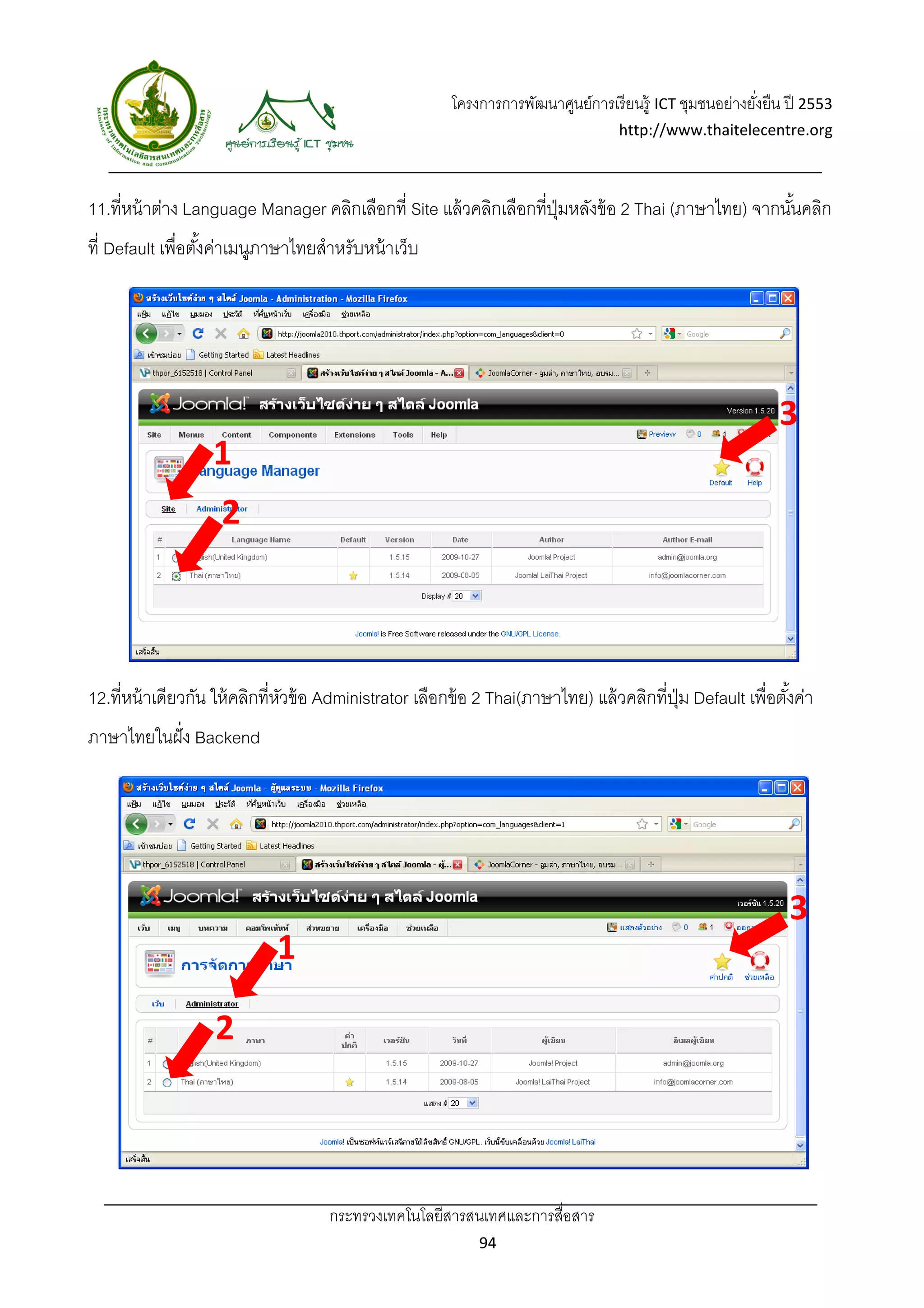 โครงการการพัฒนาศูนย์การเรี ยนรู้ ICT ชุมชนอย่างยังยืน ปี 2553 
                                                                                                           ่
                                                                                    http://www.thaitelecentre.org 

                    
 
11.ที่หน้ าต่าง Language Manager คลิกเลือกที่ Site แล้ วคลิกเลือกที่ปมหลังข้ อ 2 Thai (ภาษาไทย) จากนันคลิก
                                                                     ุ่                              ้
ที่ Default เพื่อตังค่าเมนูภาษาไทยสําหรับหน้ าเว็บ
                   ้




                                                                                                              3
                   1 
                       2 



12.ที่หน้ าเดียวกัน ให้ คลิกที่หวข้ อ Administrator เลือกข้ อ 2 Thai(ภาษาไทย) แล้ วคลิกที่ปม Default เพื่อตังค่า
                                ั                                                          ุ่               ้
ภาษาไทยในฝั่ ง Backend




                                                                                                                3
                             1 

                   2 



                                     กระทรวงเทคโนโลยีสารสนเทศและการสื่อสาร 
                                                              94 
 