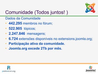 Comunidade (Todos juntos! )
Dados da Comunidade
 442.295 membros no fórum;
 522.905 tópicos;
 2.247.846 mensagens;

 6.724 extensões disponíveis no extensions.joomla.org;
 Participação ativa da comunidade.
 Joomla.org excede 2Tb por mês.
 