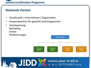 Joomla Certification Programm 
Nationale Partner 
• Gesellschaft / Unternehmen / Organisation 
• Ansprechpartner für geprüfte Schulungspartner 
• Verantwortung 
Marketing 
Events 
Zertifizierungen 
Voraussetzung: 
sprachliche, soziale und ehtische Aspekte des Landes 
 
