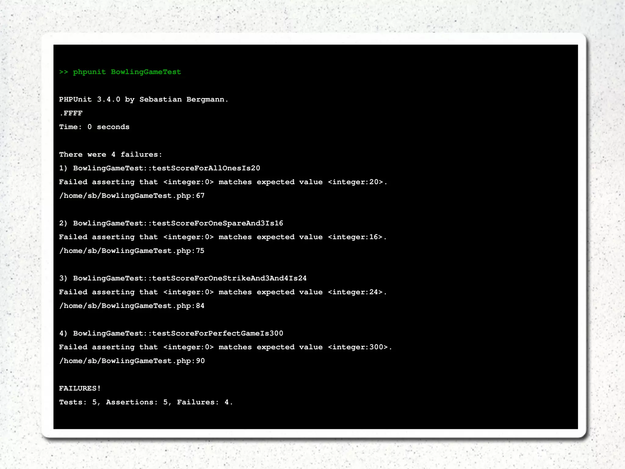 >> phpunit BowlingGameTest 
PHPUnit 3.4.0 by Sebastian Bergmann. 
.FFFF 
Time: 0 seconds 
There were 4 failures: 
1) BowlingGameTest::testScoreForAllOnesIs20 
Failed asserting that <integer:0> matches expected value <integer:20>. 
/home/sb/BowlingGameTest.php:67 
2) BowlingGameTest::testScoreForOneSpareAnd3Is16 
Failed asserting that <integer:0> matches expected value <integer:16>. 
/home/sb/BowlingGameTest.php:75 
3) BowlingGameTest::testScoreForOneStrikeAnd3And4Is24 
Failed asserting that <integer:0> matches expected value <integer:24>. 
/home/sb/BowlingGameTest.php:84 
4) BowlingGameTest::testScoreForPerfectGameIs300 
Failed asserting that <integer:0> matches expected value <integer:300>. 
/home/sb/BowlingGameTest.php:90 
FAILURES! 
Tests: 5, Assertions: 5, Failures: 4. 
 