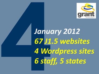 January 2012
67 J1.5 websites
4 Wordpress sites
6 staff, 5 states
 