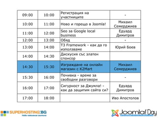 Регистрация на
09:00   10:00                                    -
                участниците
                                              Михаил
10:00   11:00   Ново и горещо в Joomla!
                                            Семерджиев
                Seo за Google local           Едуард
11:00   12:00
                business                     Димитров
12:00   13:00   Обяд                             -
                T3 Framework - как да го
13:00   14:00                               Юрий Боев
                използваме
                Дискусия със златен
14:00   14:30
                спонсор
                Изграждане на онлайн          Михаил
14:30   15:30
                магазин с K2Mart            Семерджиев
                Почивка - време за
15:30   16:00                                    -
                свободни разговори
                Сигурност за Джумла! -        Едуард
16:00   17:00
                как да защитим сайта си?     Димитров

17:00   18:00                              Иво Апостолов
 