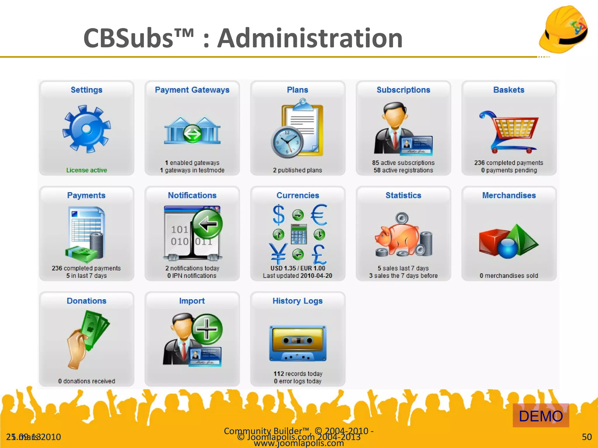 25.09.13 © Joomlapolis.com 2004-2013 50
CBSubs™ : Administration
21 mars 2010
Community Builder™, © 2004-2010 -
www.joomlapolis.com
50
DEMO
 