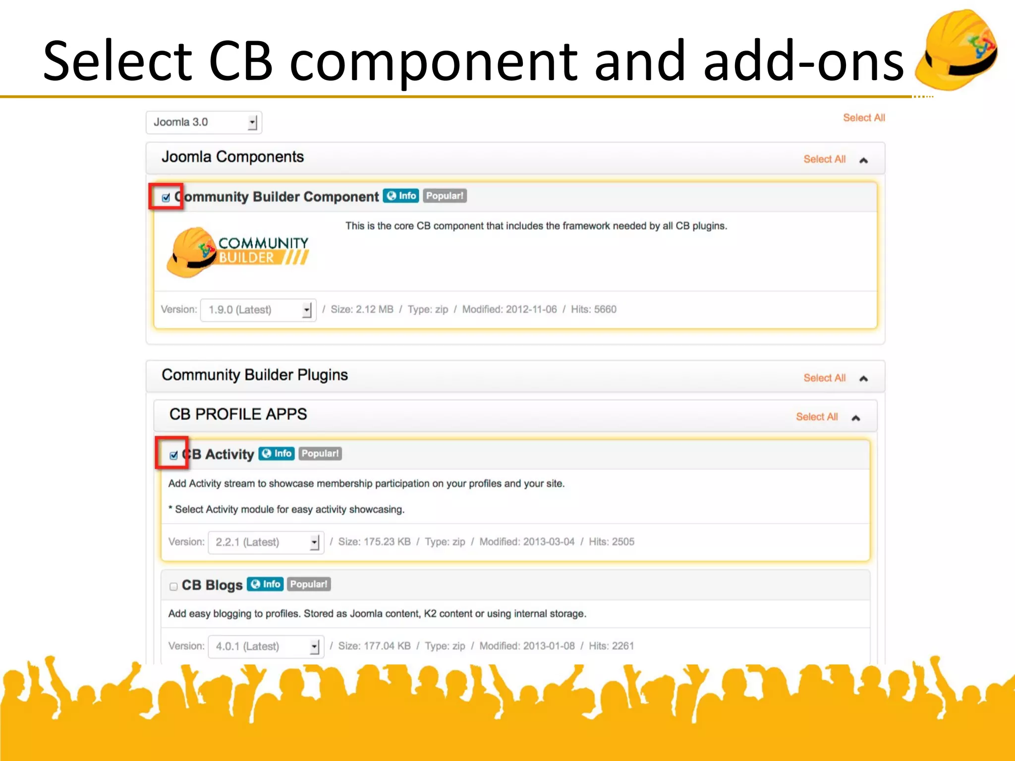 Select CB component and add-ons
 