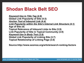 Shodan Black Belt SEO Keyword Use in Title Tag (4.9)  Global Link Popularity of Site (4.5)  Anchor Text of Inbound Link (4.4)  Link Popularity within the Site's Internal Link Structure (4.1)  Age of Site (4)  Topical Relevance of Inbound Links to Site (3.9)  Link Popularity of Site in Topical Community (3.9)  Keyword Use in Body Text (3.9)  Global Link Popularity of Linking Site (3.7)  Topical Relationship of Linking Page (3.6)  Source:http://www.seomoz.org/article/search-ranking-factors 