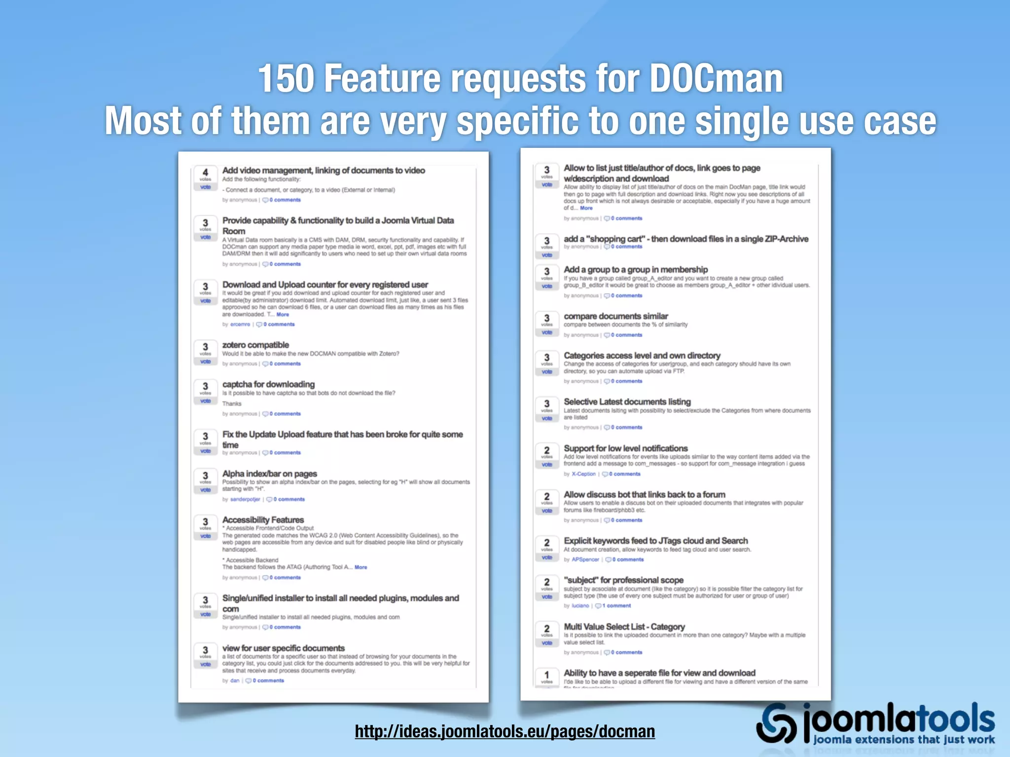 150 Feature requests for DOCman
Most of them are very speciﬁc to one single use case




               http://ideas.joomlatools.eu/pages/docman
 
