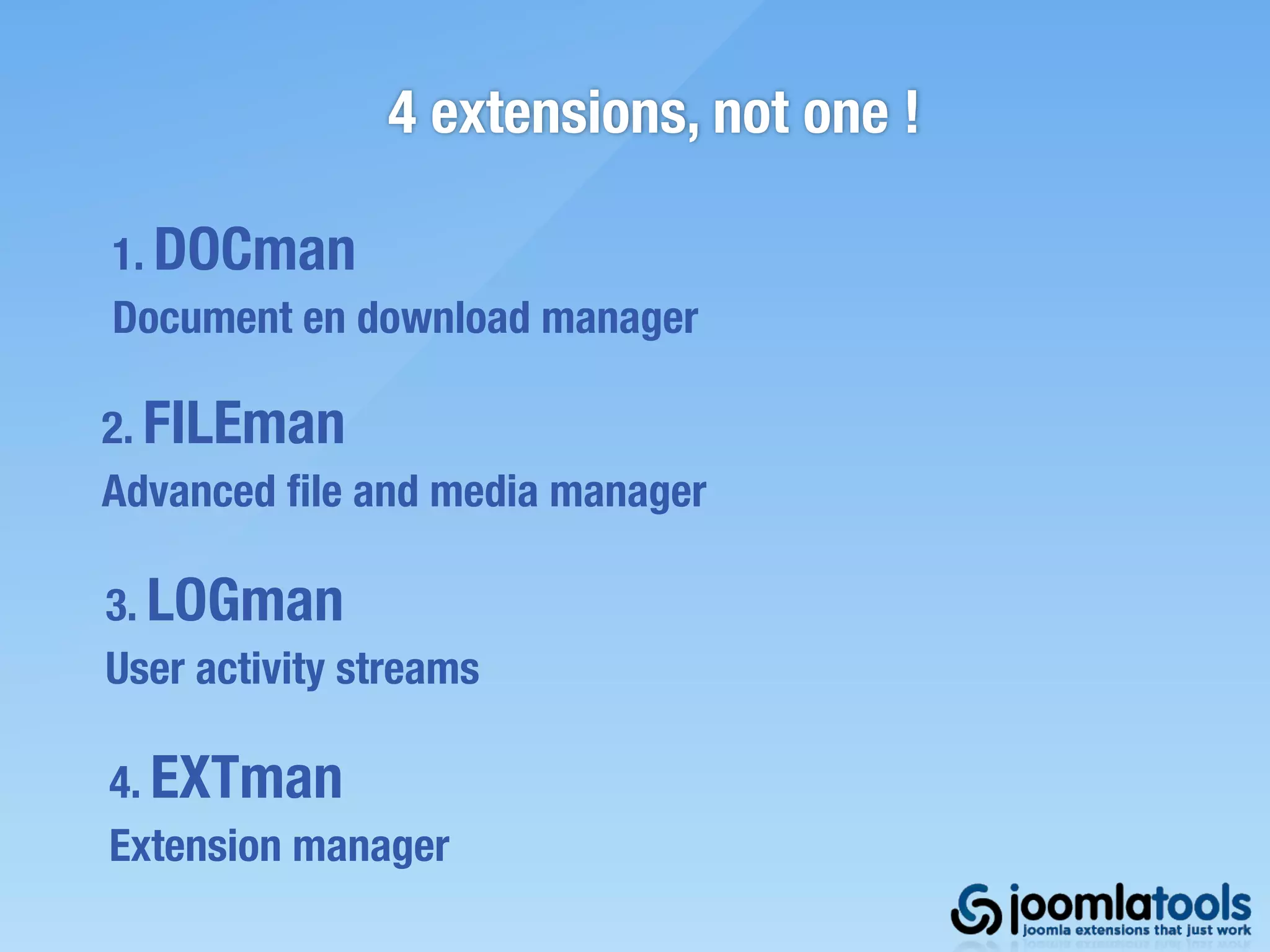 4 extensions, not one !

1. DOCman
Document en download manager

2. FILEman
Advanced ﬁle and media manager

3. LOGman
User activity streams

4. EXTman
Extension manager
 
