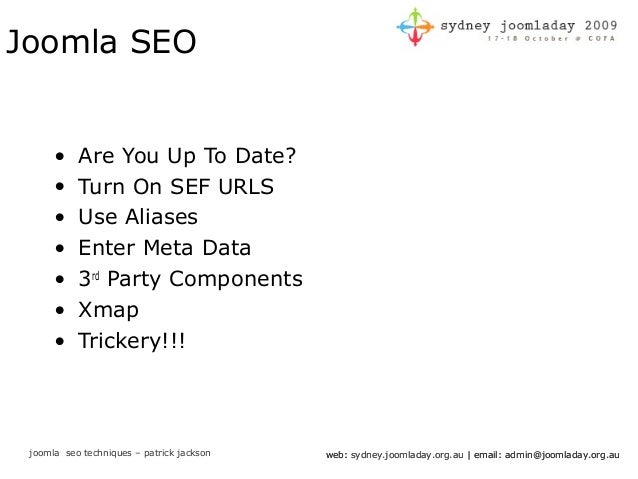 Seo In Joomla - Patrick Jackson (Joomladay Sydney 2009)