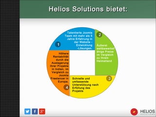 Helios Solutions bietet:Helios Solutions bietet:
11
33
44
22
Talentierte Joomla
Team mit mehr als 5
Jahre Erfahrung in
der Website -
Entwicklung
-Lösungen.
Äußerst
wettbewerbsf
ähige Preise
im Vergleich
zu Ihrem
Heimatland
Schnelle und
umfassende
Unterstützung nach
Erfüllung des
Projekts
Höhere
Rentabilität
durch die
Auslagerung
Ihrer Projekte
in Indien, im
Vergleich zu
Joomla
Freelancer in
Europa.
 