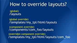 How to override layouts?
/layouts
/components/com_foo/layouts
/templates/my_tpl/html/layouts
/templates/my_tpl/html/layouts/com_foo
(global)
(global override)
(component override)
(overriden component override)
 