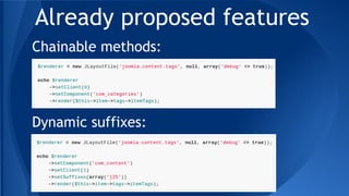 Already proposed features
Chainable methods:
Dynamic suffixes:
 