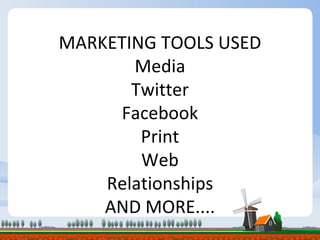 MARKETING TOOLS USED Media Twitter Facebook Print Web Relationships AND MORE.... 