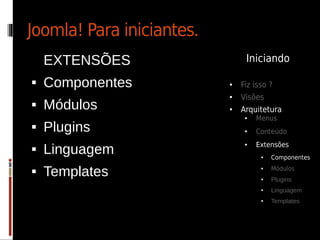 Joomla! Para iniciantes.
    EXTENSÕES                   Iniciando

   Componentes            ●   Fiz isso ?
                           ●   Visões
   Módulos                ●   Arquitetura
                                ●   Menus
   Plugins                     ●   Conteúdo
                                    Extensões
    Linguagem
                                ●

                                     ●   Componentes

   Templates                        ●


                                     ●
                                         Módulos
                                         Plugins
                                     ●   Linguagem
                                     ●   Templates
 
