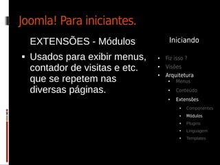 Joomla! Para iniciantes.
    EXTENSÕES - Módulos               Iniciando

   Usados para exibir menus,    ●   Fiz isso ?
    contador de visitas e etc.   ●   Visões
                                     Arquitetura
    que se repetem nas
                                 ●

                                      ●   Menus

    diversas páginas.                 ●   Conteúdo
                                      ●   Extensões
                                           ●   Componentes
                                           ●   Módulos
                                           ●   Plugins
                                           ●   Linguagem
                                           ●   Templates
 
