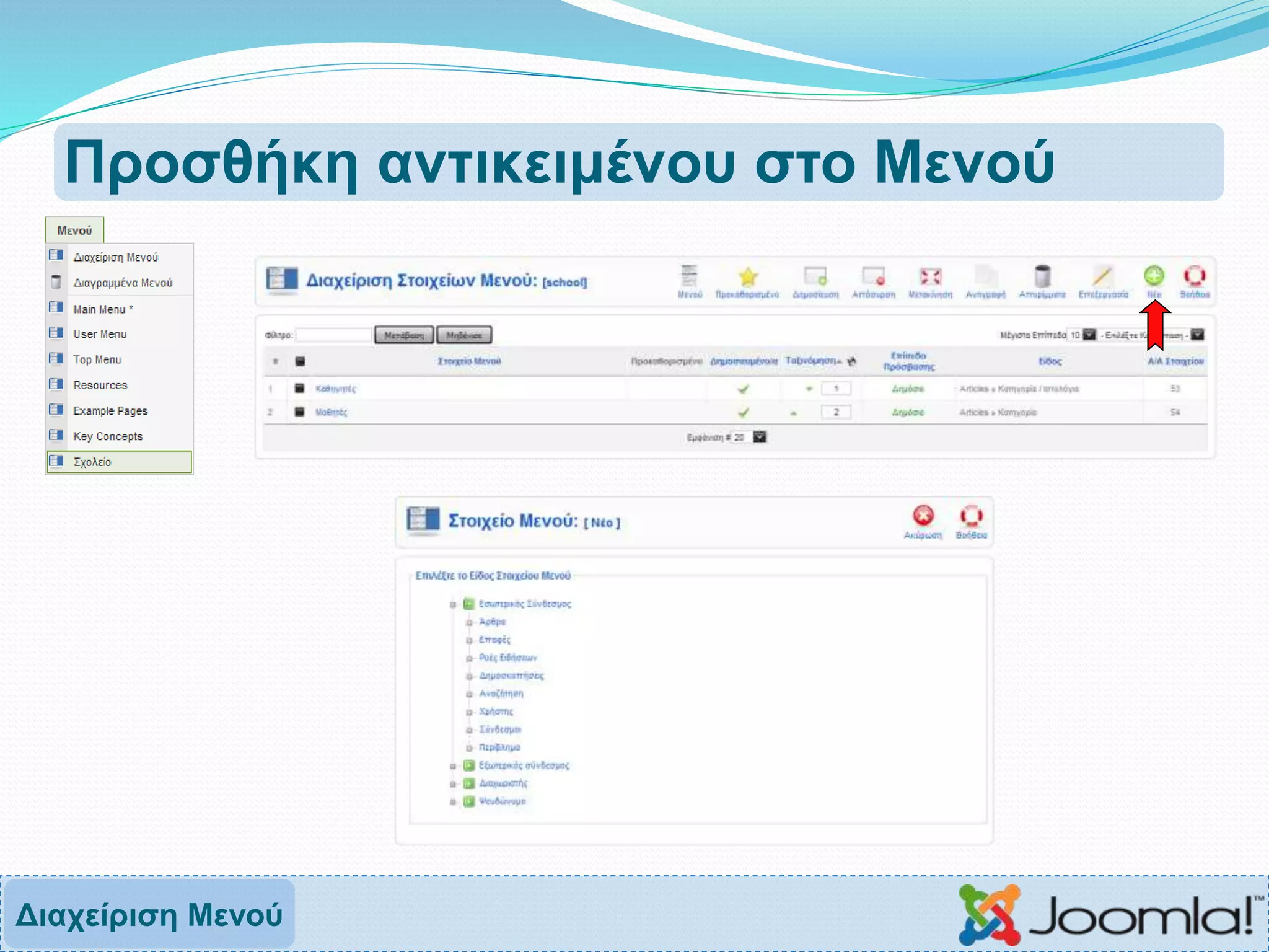 Προσθήκη αντικειμένου στο Μενού
Διαχείριση Μενού
 