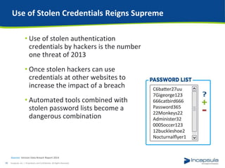 Use of Stolen Credentials Reigns Supreme
• Use of stolen authentication
credentials by hackers is the number
one threat of 2013
• Once stolen hackers can use
credentials at other websites to
increase the impact of a breach
• Automated tools combined with
stolen password lists become a
dangerous combination
Incapsula, Inc. / Proprietary and Confidential. All Rights Reserved.16
Sources: Verizon Data Breach Report 2014
 