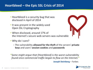 Heartbleed – the Epic SSL Crisis of 2014
• Heartbleed is a security bug that was
disclosed in April of 2014
• It was present in the widely used
Open SSL Cryptography
• When disclosed, around 17% of
the Internet's secure web servers was vulnerable
• Why do I care?
> The vulnerability allowed for the theft of the servers' private
keys and users' session cookies and passwords
“Some might argue that [Heartbleed] is the worst vulnerability
found since commercial traffic began to flow on the Internet.”
Joseph Steinberg – Forbes
Incapsula, Inc. / Proprietary and Confidential. All Rights Reserved.6
 