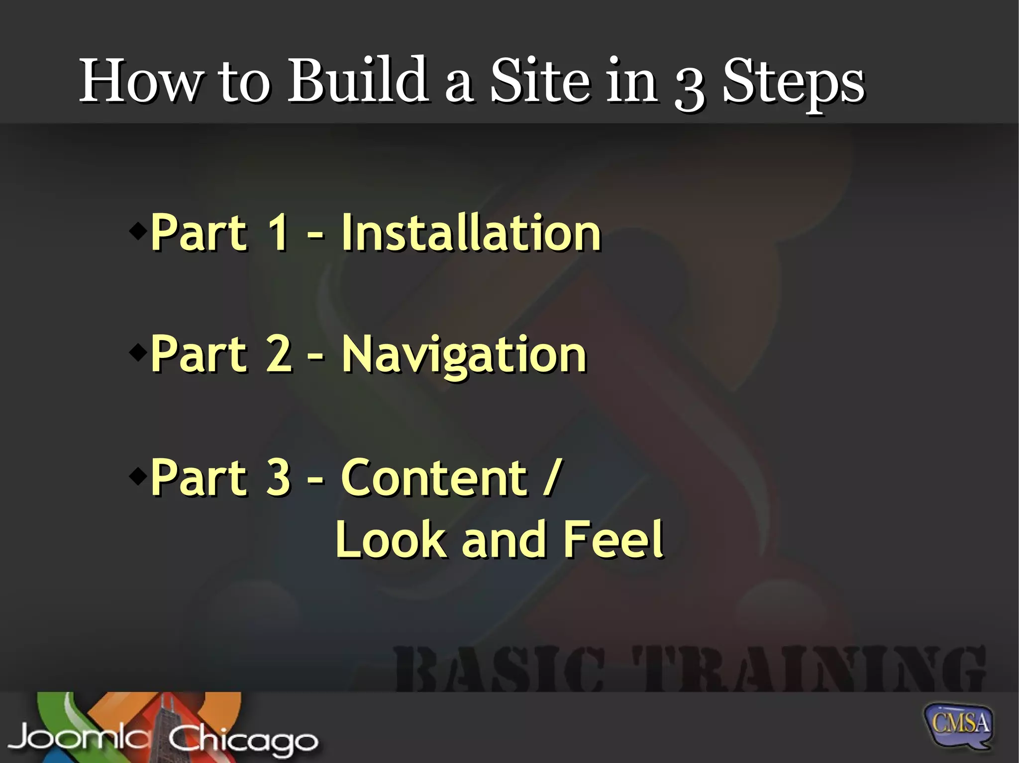 How to Build a Site in 3 Steps Part 1 – Installation Part 2 – Navigation Part 3 – Content /  Look and Feel 