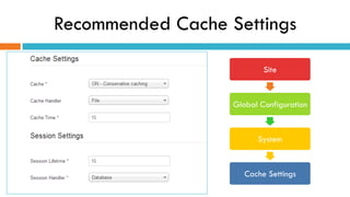 Recommended Cache Settings
Site
Global Configuration
System
Cache Settings
 