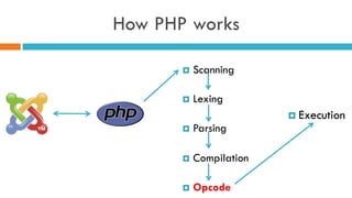How PHP works
¤  Scanning
¤  Lexing
¤  Parsing
¤  Compilation
¤  Opcode
¤  Execution
 