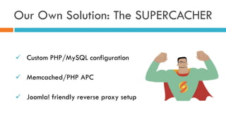 ü  Custom PHP/MySQL configuration
ü  Memcached/PHP APC
ü  Joomla! friendly reverse proxy setup
Our Own Solution: The SUPERCACHER
 