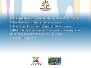 1- Maitriser le fonctionnement des moteurs de recherche
2- Les différents types de référencements
3- Mettre en place une stratégie de référencement
4- Examiner quelques règles à respecter pour soigner le
contenu et la description de nos pages web
5- Les outils existants
 