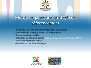 Mettre en place une stratégie de
        référencement
- Déterminer un notre restreint de mots-clés ou expression
- Utilisation de « la longue traîne » ou longue queue
- Recherche des mots-clés
- Indexation du site dans Google (http://www.google.fr/intl/fr/addurl.html )
- Utilisation du fichier Sitemap
- Optimisation des titres des pages
 