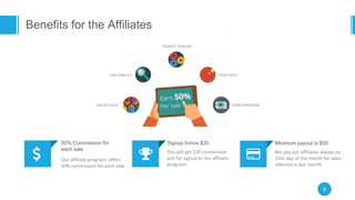 8
Our affiliate program! offers
50% commission for each sale.
50% Commission for
each sale
You will get $20 commission
just for signup to our affiliate
program!
Signup bonus $20
We pay our affiliates always on
15th day of the month for sales
referred in last month.
Minimum payout is $50
Benefits for the Affiliates
 