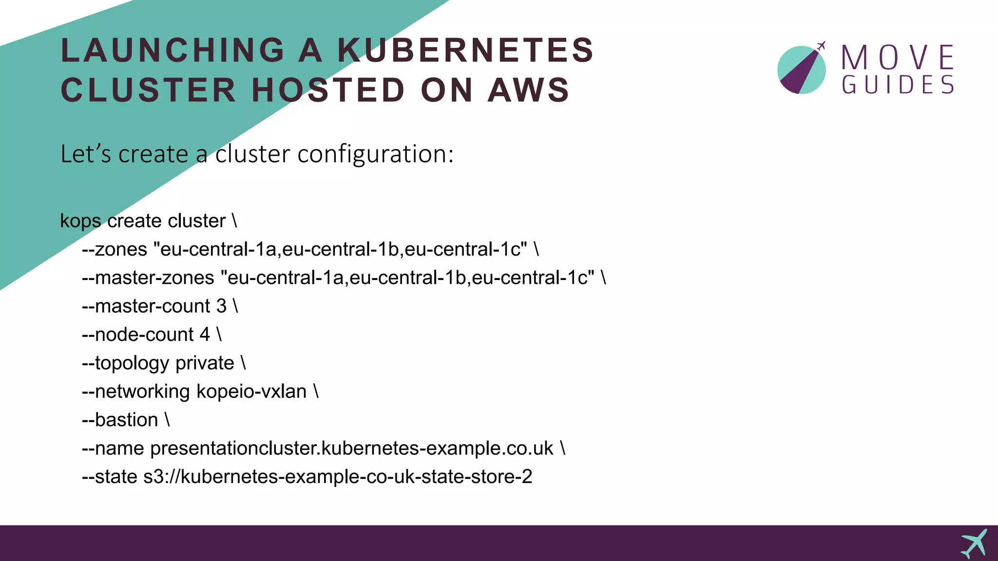 LAUNCHING A KUBERNETES
CLUSTER HOSTED ON AWS
Let’s create a cluster configuration:
kops create cluster 
--zones "eu-central-1a,eu-central-1b,eu-central-1c" 
--master-zones "eu-central-1a,eu-central-1b,eu-central-1c" 
--master-count 3 
--node-count 4 
--topology private 
--networking kopeio-vxlan 
--bastion 
--name presentationcluster.kubernetes-example.co.uk 
--state s3://kubernetes-example-co-uk-state-store-2
 