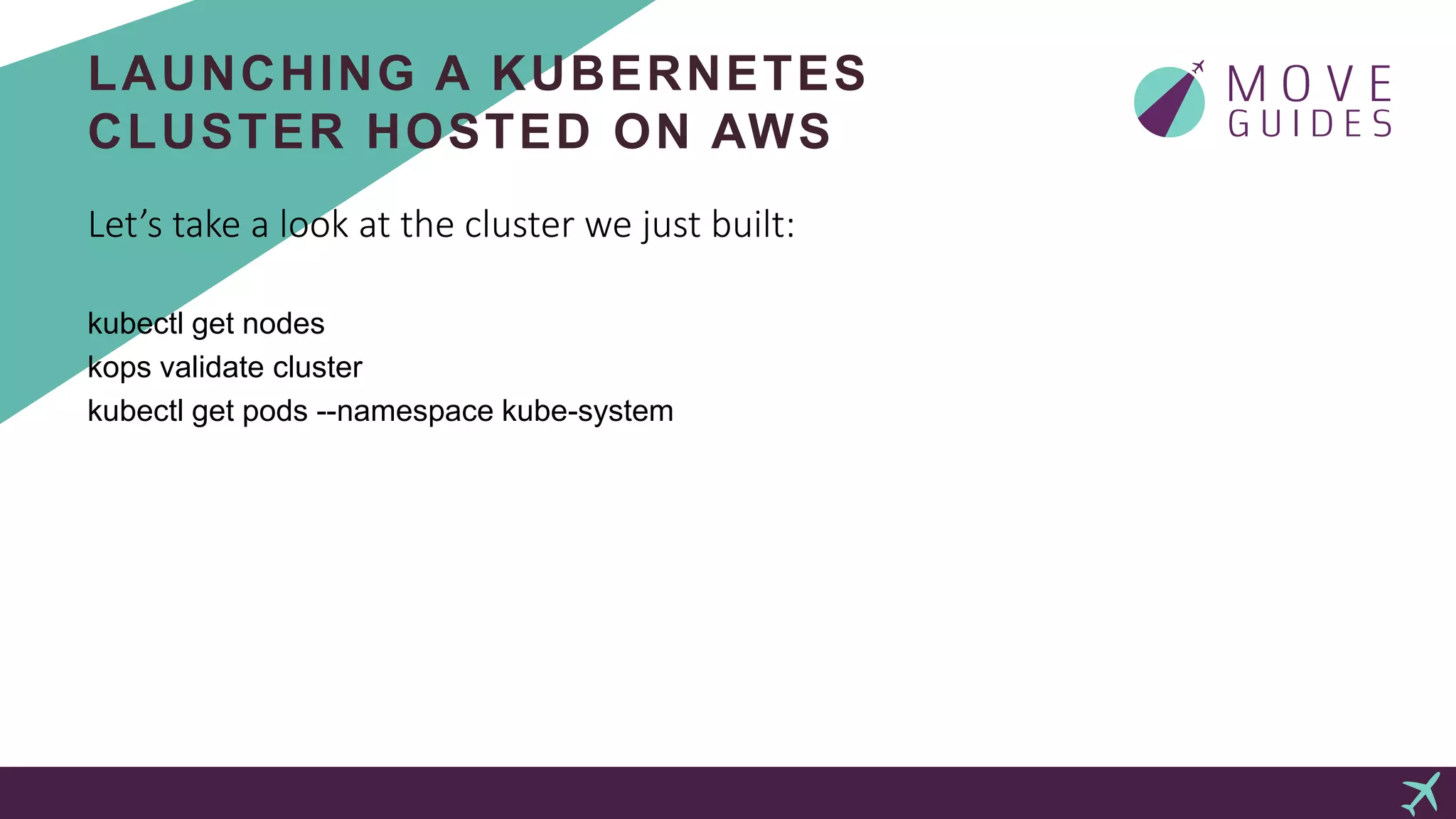 LAUNCHING A KUBERNETES
CLUSTER HOSTED ON AWS
Let’s take a look at the cluster we just built:
kubectl get nodes
kops validate cluster
kubectl get pods --namespace kube-system
 