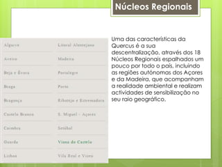 Núcleos Regionais
Uma das características da
Quercus é a sua
descentralização, através dos 18
Núcleos Regionais espalhados um
pouco por todo o país, incluindo
as regiões autónomas dos Açores
e da Madeira, que acompanham
a realidade ambiental e realizam
actividades de sensibilização no
seu raio geográfico.
 