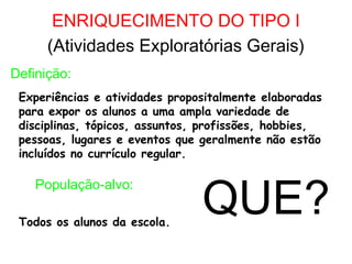 ENRIQUECIMENTO DO TIPO I
      (Atividades Exploratórias Gerais)
Definição:
 Experiências e atividades propositalmente elaboradas
 para expor os alunos a uma ampla variedade de
 disciplinas, tópicos, assuntos, profissões, hobbies,
 pessoas, lugares e eventos que geralmente não estão
 incluídos no currículo regular.



                                QUE?
    População-alvo:

 Todos os alunos da escola.
 