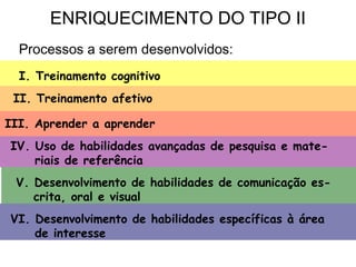 ENRIQUECIMENTO DO TIPO II
  Processos a serem desenvolvidos:
  I. Treinamento cognitivo
 II. Treinamento afetivo

III. Aprender a aprender
IV. Uso de habilidades avançadas de pesquisa e mate-
    riais de referência
 V. Desenvolvimento de habilidades de comunicação es-
    crita, oral e visual
VI. Desenvolvimento de habilidades específicas à área
    de interesse
 