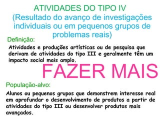 ATIVIDADES DO TIPO IV
  (Resultado do avanço de investigações
   individuais ou em pequenos grupos de
               problemas reais)
Definição:
Atividades e produções artísticas ou de pesquisa que
derivam de atividades do tipo III e geralmente têm um
impacto social mais amplo.


             FAZER MAIS
População-alvo:
Alunos ou pequenos grupos que demonstrem interesse real
em aprofundar o desenvolvimento de produtos a partir de
atividades do tipo III ou desenvolver produtos mais
avançados.
 