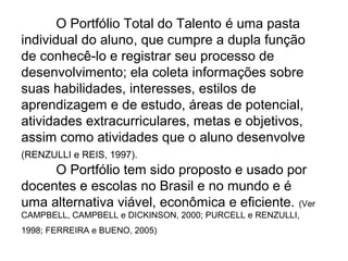 O Portfólio Total do Talento é uma pasta
individual do aluno, que cumpre a dupla função
de conhecê-lo e registrar seu processo de
desenvolvimento; ela coleta informações sobre
suas habilidades, interesses, estilos de
aprendizagem e de estudo, áreas de potencial,
atividades extracurriculares, metas e objetivos,
assim como atividades que o aluno desenvolve
(RENZULLI e REIS, 1997).
     O Portfólio tem sido proposto e usado por
docentes e escolas no Brasil e no mundo e é
uma alternativa viável, econômica e eficiente. (Ver
CAMPBELL, CAMPBELL e DICKINSON, 2000; PURCELL e RENZULLI,
1998; FERREIRA e BUENO, 2005)
 