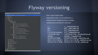 Flyway versioning
One or more numeric parts
Separated by a dot (.) or an underscore (_)
Underscores are replaced by dots at runtime
Leading zeroes are ignored in each part
1
001
5.2
5_2 (5.2 at runtime)
1.2.3.4.5.6.7.8.9
205.68
20130115113556
2013.1.15.11.35.56
2013.01.15.11.35.56
1__CreateTable.sql
001__AlterTable.sql
5.2__InsertDate.sql
5_2__DeleteData.sql
1.2.3.4.5.6.7.8.9__AnotherScript.sql
205.68__Transform.sql
20130115113556__InsertView.sql
2013.1.15.11.35.56__AddService.sql
2013.01.15.11.35.56__Delete.sql
 